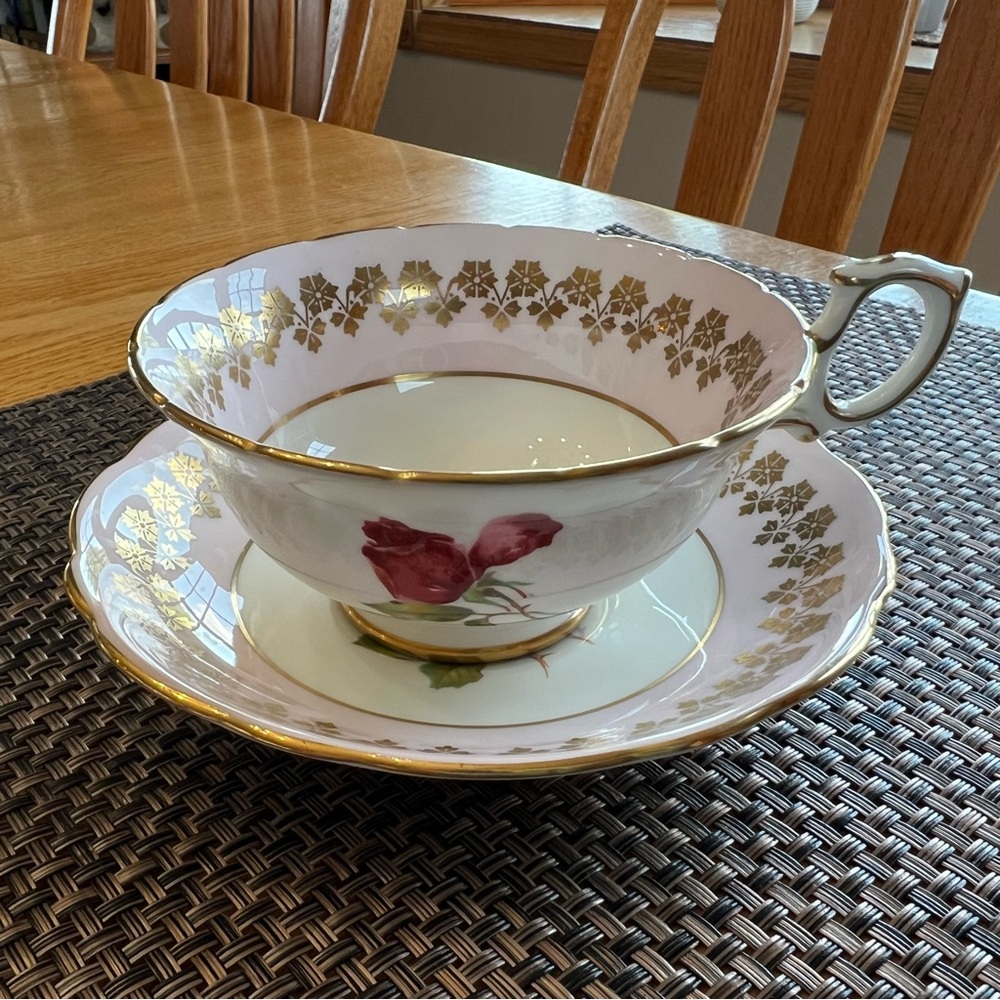 Tea Cup and Saucer. Light Pink Border with Yellow Rose
Center Hammersley Tea